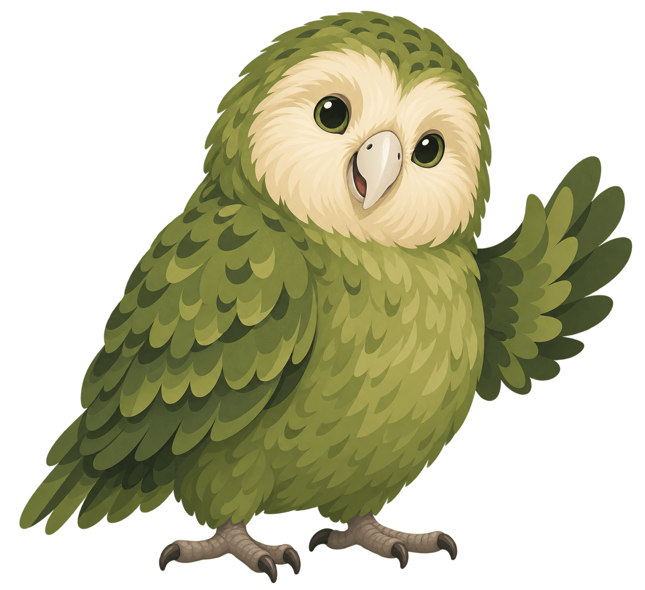 A friendly moss-green kakapo waving a wing